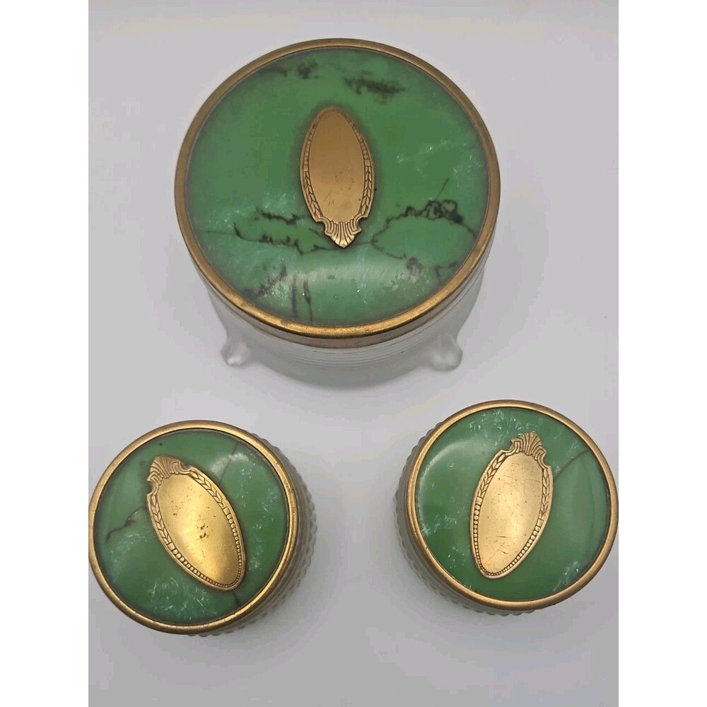 Vtg Set Dresser Glass Jars Green Art DecoMetal  Lids